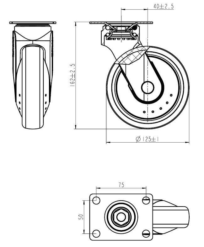 Roulette pivotante 125, DIN-PL, (gris)