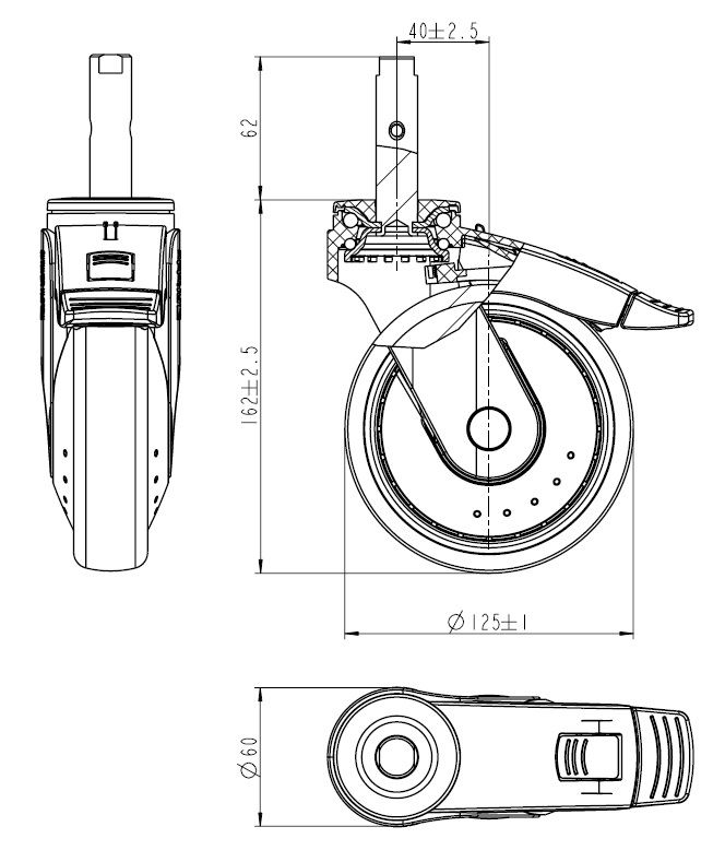 Swivel cast. 125 lock.,DIN-Pin air iden.