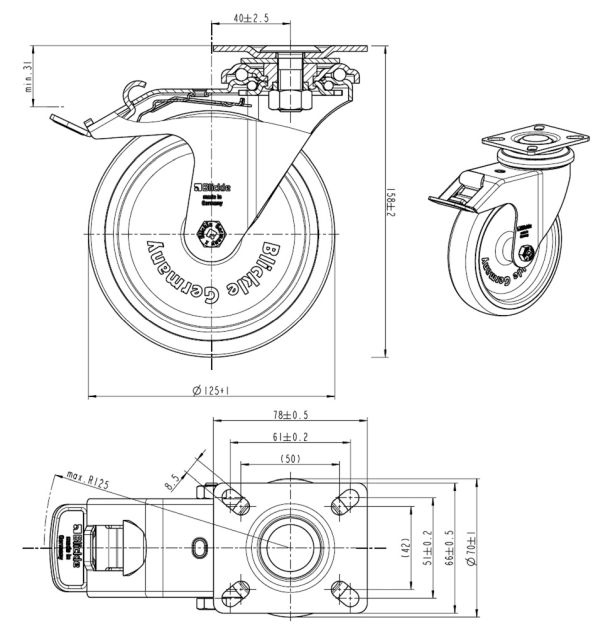 CASTER WHEEL W.F. 125 STAND.W.PLATE