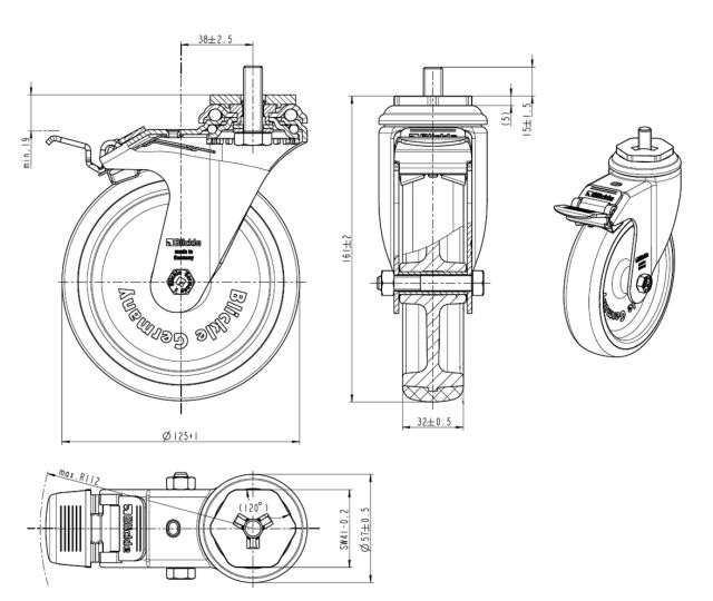 L-Rolle m. Fest. 125 M10x15 verz. (grau)