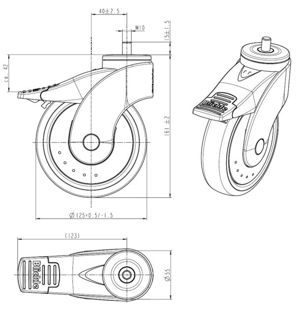 Cast. whl. lock. 125, rear hole; PA, M10